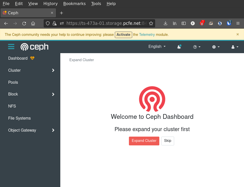 screenshot of a FireFox showing my Ceph Dashboard right after bootstrapping