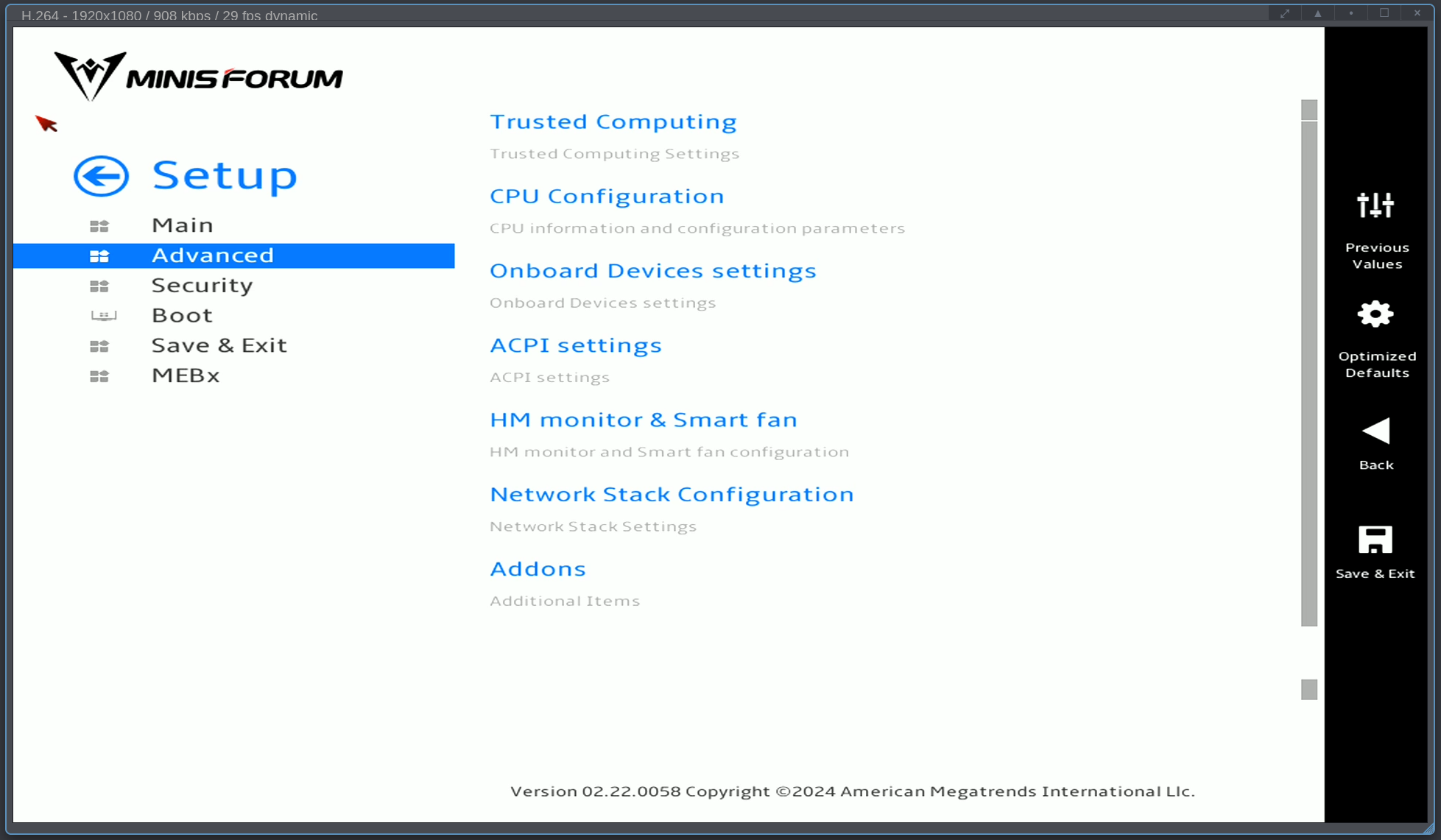 section Advanced in firmware setup