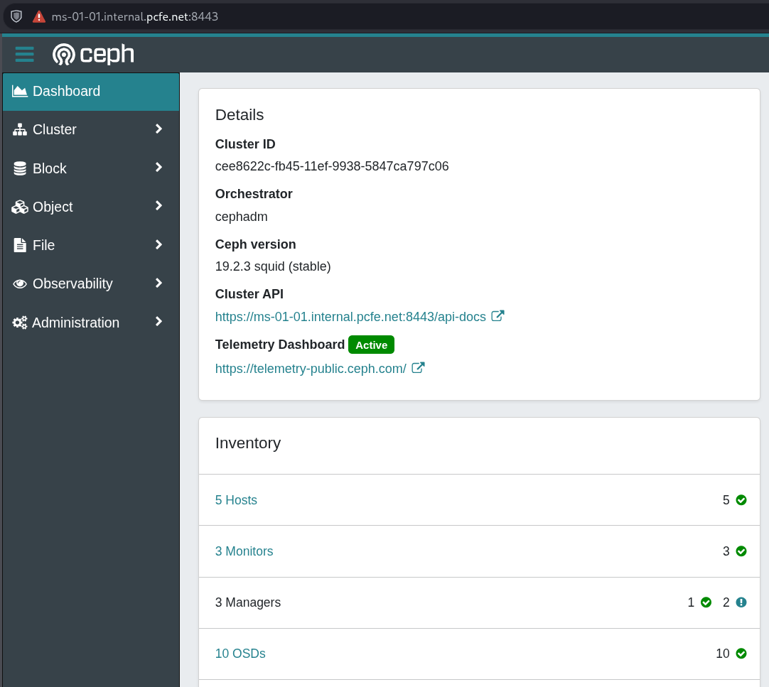 Ceph dashboard teaser pic showing 5 host, 3 MONs, 3 MGRs and 10 OSDs